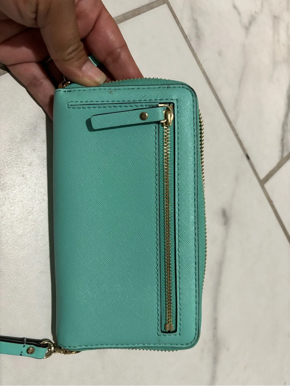 kate spade turquoise zip around wallet with gold hardware